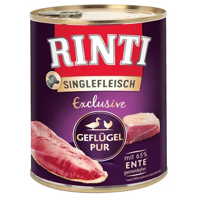 RINTI Singlefleisch Exclusive Geflügel Pur -purkki, teksti: mit 65 % Ente, getreidefrei, und 35 % Huhn im Fleischanteil. Kuvassa siipikarjanlihaa.
