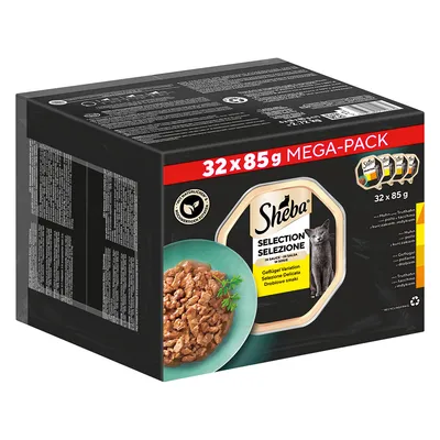 Sheba Selection Selezione, 32×85 g MEGA-PACK, drůbeží variace v omáčce. Na obalu miska s krmivem a obrázek kočky. Viditelné texty v několika jazycích.