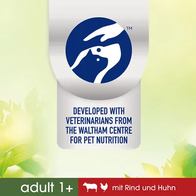 Entwickelt mit Tierärzten des Waltham Centre for Pet Nutrition. Adult 1+ mit Rind und Huhn.