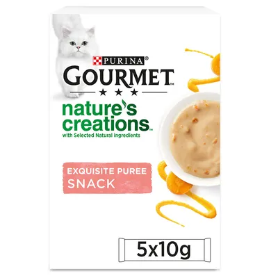 Purina Gourmet Nature's Creations Exquisite Puree Snack, mit ausgewählten natürlichen Zutaten, Packungsgrösse 5x10g.