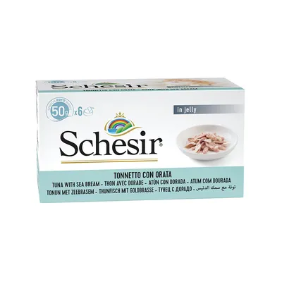Schesir Thon avec dorade en gelée, lot de 6 x 50 g. Texte visible : in jelly, tonnetto con orata, thon avec dorade, plusieurs langues.