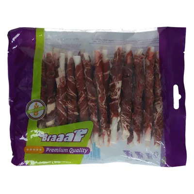 Braaaf Premium Quality, fără cereale. Ambalaj cu batoane de carne răsucite vizibile.