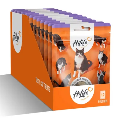 Box containing 12 pouches labelled 'Tasty Cat Treats', each pouch showing images of cats and the HiLife brand name.