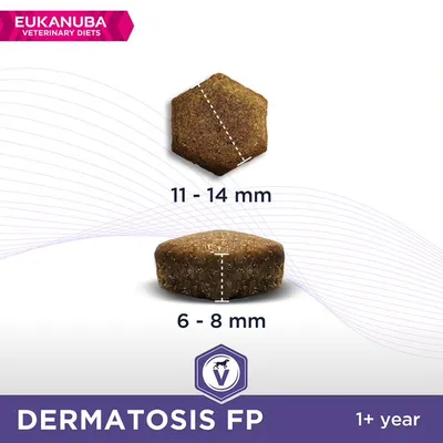 Eukanuba Veterinary Diets Dermatosis FP. Dimensões da ração: 11–14 mm de largura, 6–8 mm de altura. Indicado para animais com mais de 1 ano.