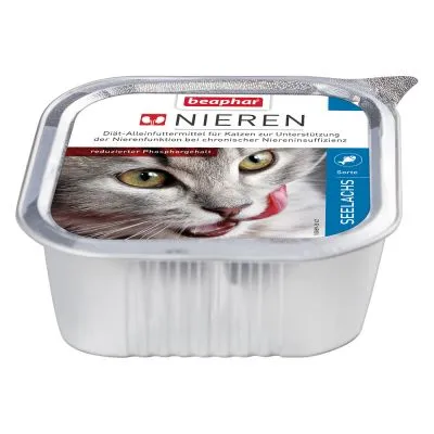 beaphar Nieren, karma dla kotów, smak SEELACHS, opakowanie z wizerunkiem kota i widocznym tekstem w języku niemieckim dotyczącym wsparcia funkcji nerek