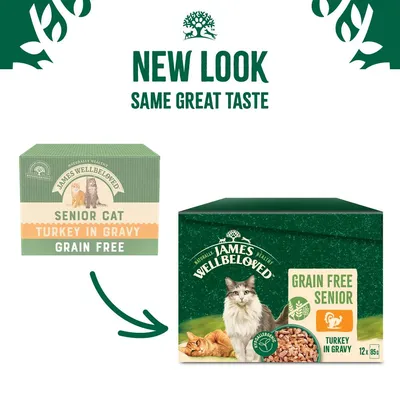 Packaging update for James Wellbeloved Senior Cat Grain Free Turkey in Gravy, showing old and new box designs with the message 'New look, same great taste'.
