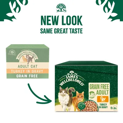Packaging change for grain free adult turkey in gravy. New look, same great taste. Shows old and new boxes with product name and images of cats.