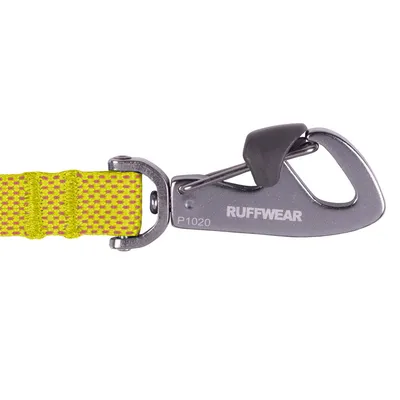 Ruffwear branded metal clip with yellow woven fabric lead, visible text: P1020 and RUFFWEAR on the clip.