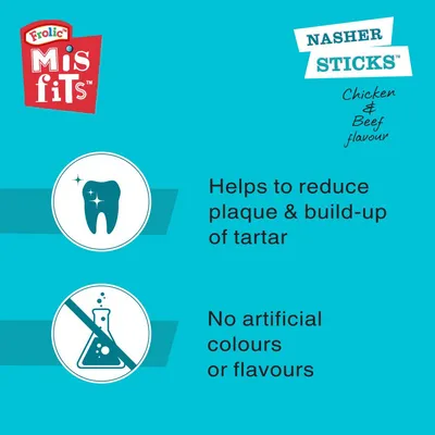 Misfits Nasher Sticks, chicken and beef flavour. Helps to reduce plaque and build-up of tartar. No artificial colours or flavours.