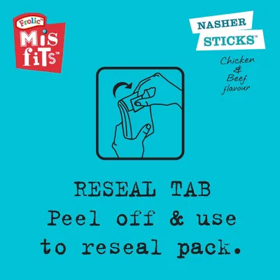 Instruction showing how to peel off and use the reseal tab to close the pack. Text: RESEAL TAB Peel off & use to reseal pack. Chicken & Beef flavour.