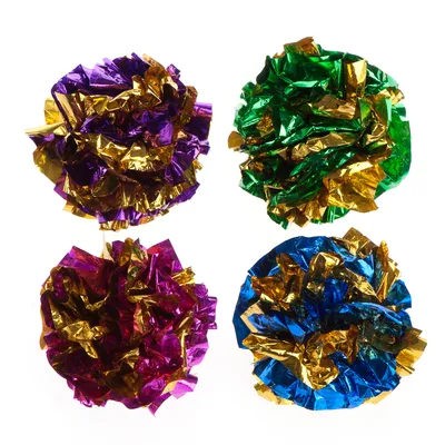Fyra bollar av prasslig metallfolie i färgerna lila/guld, grön/guld, rosa/guld och blå/guld. Alla bollar är runda och tillverkade av glänsande material.