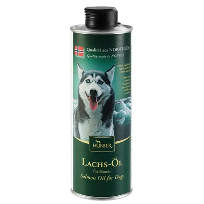 Opakowanie Hunter Lachs-Öl für Hunde Salmon Oil for Dogs, napis: Qualität aus NORWEGEN, 100% natürlich, norweska flaga, metalowa puszka z zakrętką.