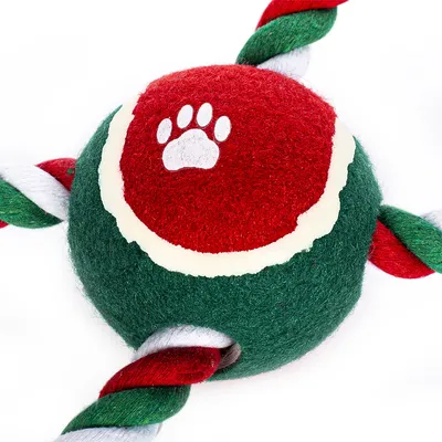 Loptička pre psa s červeným a zeleným povrchom, bielou stopou labky a štyrmi farebnými lanami pripevnenými k lopte.