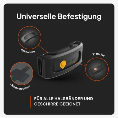 Universelle Befestigung mit Silikonhülle, XT tracker und Klettverschluss. Für alle Halsbänder und Geschirre geeignet.