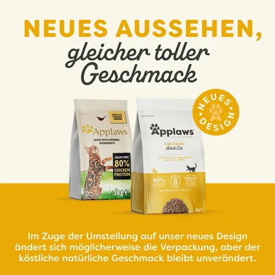 Два пакета Applaws для взрослых кошек, курица, 2 кг, 80 % куриного белка. Текст на немецком: Neues Aussehen, gleicher toller Geschmack. Neues Design.