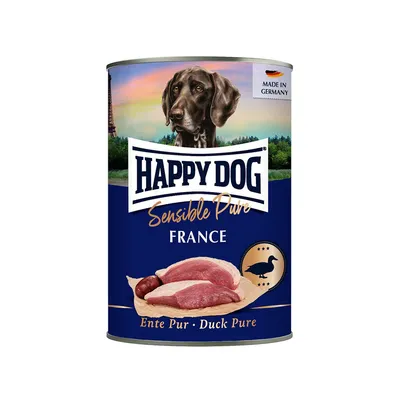 Happy Dog Sensible Pure France, Ente Pur. Made in Germany. Wet food with duck meat, image of a duck and pieces of meat.