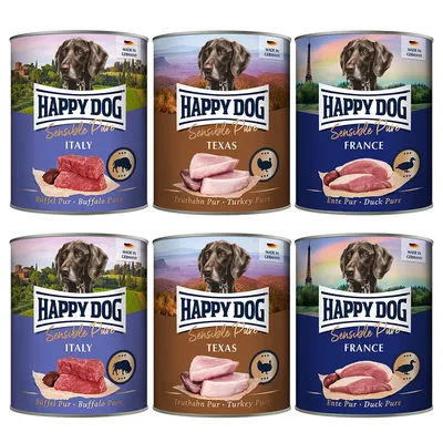 Happy Dog Sensible Pure wet food, varieties: Buffalo Pure Italy, Turkey Pure Texas, Duck Pure France. Made in Germany.
