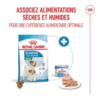 Royal Canin Starter Mini 1 à 2 mois aliments secs et humides. Recommandation : combinaison d’aliments secs et humides pour une expérience d’alimentation optimale. Royal Canin Starter Mini 1 à 2 mois aliments secs et humides. Recommandation : combinaison d’aliments secs et humides pour une expérience d’alimentation optimale.