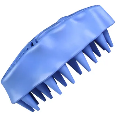 Brosse bleue en plastique avec picots triangulaires visibles, vue de côté. Aucun texte ou marque apparente.