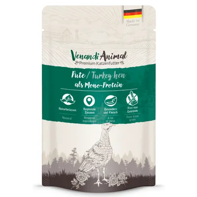 Venandi Animal Premium karma dla kotów, indyk jako jedno źródło białka. Naturalne, regionalne składniki, dużo mięsa, bez zbóż. Wyprodukowano w Niemczech.