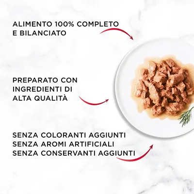 Alimento 100% completo e bilanciato, preparato con ingredienti di alta qualità, senza coloranti aggiunti, senza aromi artificiali, senza conservanti aggiunti. Testo in italiano.