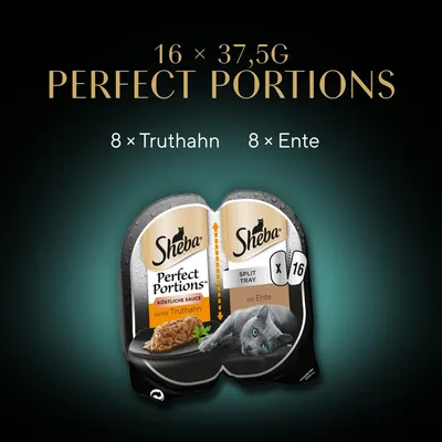 Sheba Perfect Portions, 16 x 37,5g. Köstliche Sauce: 8 x Truthahn, 8 x Ente. Verpackung mit zartem Truthahn und Ente abgebildet.
