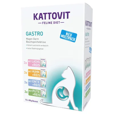 Kattovit Feline Diet Gastro мултипак, с ниско съдържание на мазнини и лесно смилаем, с високо съдържание на електролити. Вкусове: сьомга+ориз, пиле+ориз, патица+ориз, пуйка+ориз. 12x85g паучове.