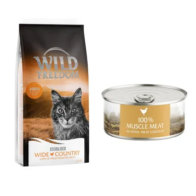 Wild Freedom Sterilised Wide Country cat food 6.5kg bag with '100% grain free recipe' and tin labelled '100% muscle meat in total meat content', both with cat and countryside imagery.