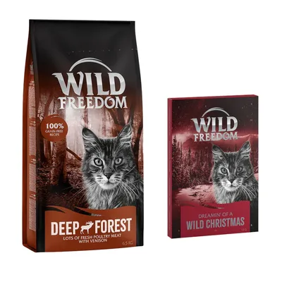 Balení Wild Freedom Deep Forest 6,5 kg s textem 100% grain-free recipe a krabička Wild Freedom Dreamin' of a Wild Christmas 18 g. Obě s obrázkem kočky.