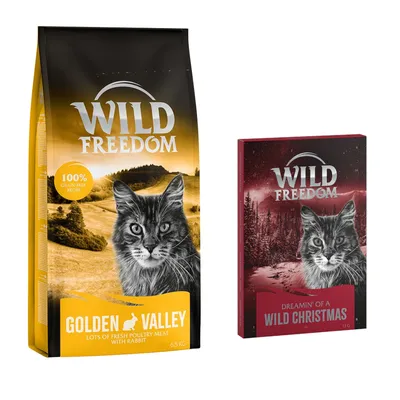 Balení krmiva Wild Freedom Golden Valley 6,5 kg s textem '100% grain-free recipe' a balení Wild Freedom Dreamin' of a Wild Christmas 85 g. Obě s obrázkem kočky.