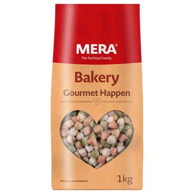 MERA Bakery Gourmet Happen, gustări delicioase coapte cu dragoste, fabricate în Germania, pachet de 1 kg cu fereastră în formă de inimă.