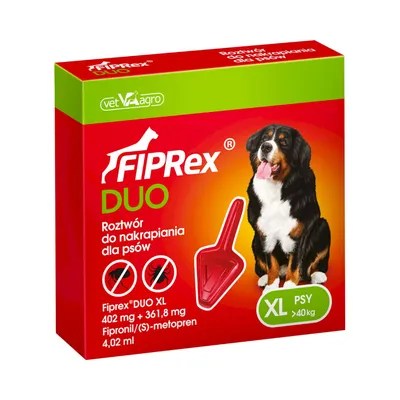 Fiprex DUO, roztwór do nakrapiania dla psów XL powyżej 40 kg, 402 mg + 361,8 mg fipronil/(S)-metopren, 4,02 ml. Opakowanie z wizerunkiem psa i pipetą.