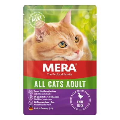 MERA All Cats Adult, filete tierno en gelatina, 0% aditivos, cereales, azúcar, con pollo de bienestar animal y pato, Made in Germany, 85g.