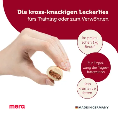 Die kross-knackigen Leckerlies fürs Training oder Verwöhnen. Im praktischen 1kg Beutel, zur Ergänzung der Tagesfutterration, kein Krümeln und Fetten. Made in Germany. Marke: mera.