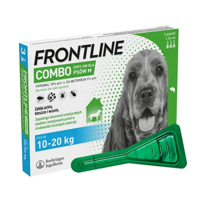 Frontline Combo Spot-On dla psów M 10–20 kg, 3 pipetki po 1,34 ml. Zawiera fipronil 10% i (S)-metopren 9%. Zabija pchły, kleszcze, wszoły. Boehringer Ingelheim.
