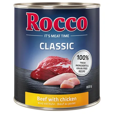 Rocco Classic Dose, Rind mit Huhn, 800g. 100% frische Zutaten und getreidefreie Rezeptur.