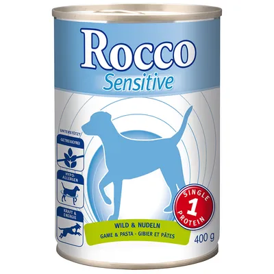 Rocco Sensitive hondenvoer, Wild & Nudeln, 400 g. Getreidevrij, hypoallergeen, kracht & energie, single protein. Zichtbare tekst: Game & Pasta, Gibier et Pâtes.