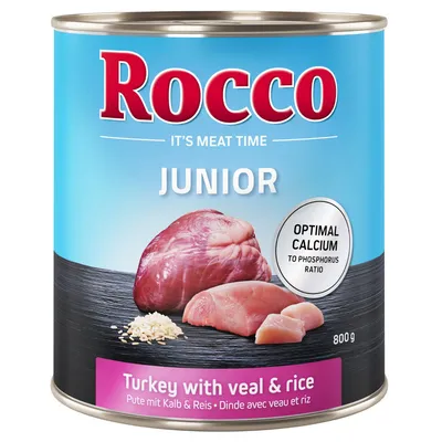 Rocco Junior mokra hrana za pse, puran s teletino in rižem, 800g konzerva. Optimalno razmerje kalcija in fosforja. It's Meat Time.