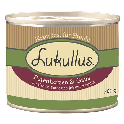 Lukullus Naturkost für Hunde, Putenherzen & Gans mit Gerste, Poree und Johanniskrautöl, 200 g. Tekst na opakowaniu w języku niemieckim.