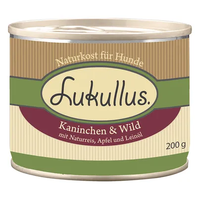 Lukullus Naturkost für Hunde, Kaninchen & Wild mit Naturreis, Apfel und Leinöl, 200 g. Besedilo v nemščini.