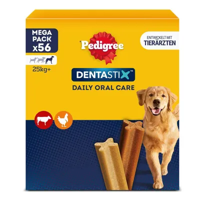 Boîte Pedigree Dentastix Daily Oral Care, méga pack x56, pour chiens 25 kg+, saveurs bœuf et poulet, avec image de deux sticks dentaires et d’un chien.