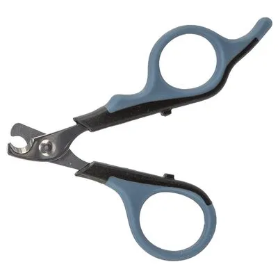 Nagelschaar met metalen snijbladen en blauwe kunststof handgrepen, geschikt voor het knippen van dierennagels. Geen merknaam zichtbaar.
