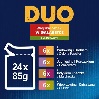 DUO Wiejskie Smaki w galaretce z warzywami, 24 x 85 g: 6x wołowina i drób z fasolką, 6x jagnięcina i kurczak z pomidorami, 6x indyk i kaczka z marchewką, 6x wieprzowina i dziczyzna z cukinią