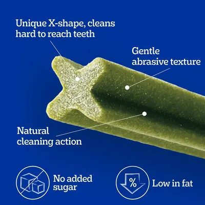 Chew with unique X-shape for cleaning hard to reach teeth, gentle abrasive texture, natural cleaning action, no added sugar, and low in fat.
