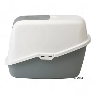 Plastová toaleta pro kočky s bílým víkem a šedou spodní částí, uzavřený design, viditelný horní větrací otvor.