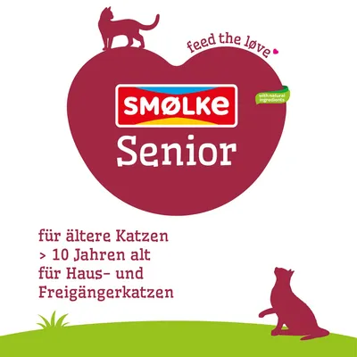 SMØLKE Senior, mit natürlichen Zutaten, für ältere Katzen über 10 Jahre, geeignet für Haus- und Freigängerkatzen. Slogan: feed the love. SMØLKE Senior, mit natürlichen Zutaten, für ältere Katzen über 10 Jahre, geeignet für Haus- und Freigängerkatzen. Slogan: feed the love.