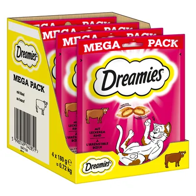 Dreamies MEGA PACK kattgodis med nötkött, 4 x 180 g (0,72 kg). Förpackningen visar Dreamies-logotyp och illustration av en katt. Text: mit Rind, au boeuf.