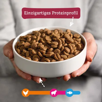 Schale mit Trockenfutter, Text: Einzigartiges Proteinprofil. Symbole für Huhn, Lamm und Fisch unten im Bild.