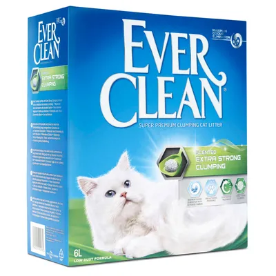 Ever Clean Super Premium Clumping Cat Litter, Scented Extra Strong Clumping, 6L, formulă cu praf redus. Imagine cu o pisică albă pe ambalaj. Text vizibil: maximum odour elimination.