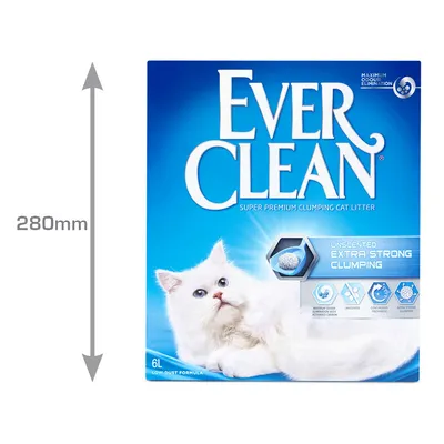 Ever Clean Super Premium Clumping Cat Litter, Unscented Extra Strong Clumping, 6L, eliminare maximă a mirosului, formulă cu praf redus, dimensiune ambalaj 280 mm înălțime.